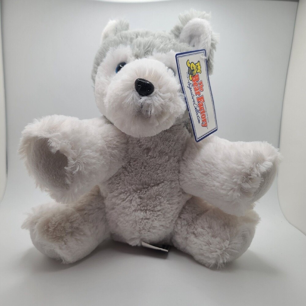 The Bear Factory Husky Wolf Dog Stuffed Animal Toy Plush Hard Eyes White Grey